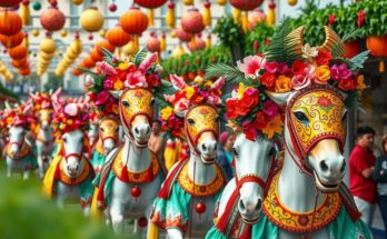 Colorful floral decorations and horse riders in masks capture the spirit of Brazil's Cavalhadas festival celebration.