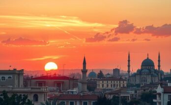 A hopeful sunset over a peaceful Damascus skyline, symbolizing optimism and recovery in Syria after sanctions lifting.