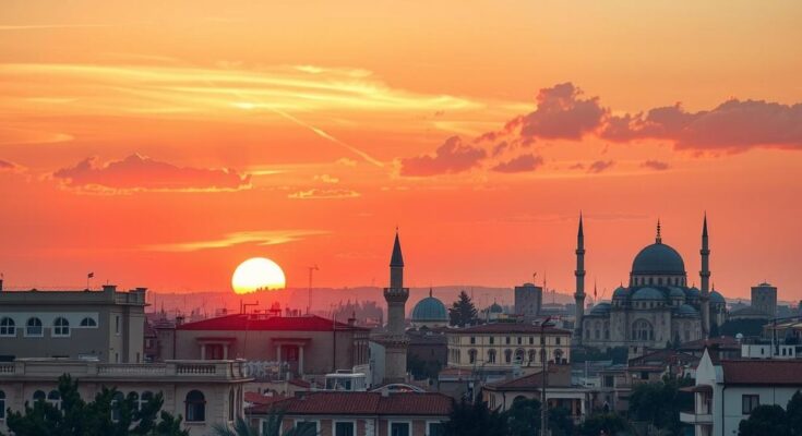 A hopeful sunset over a peaceful Damascus skyline, symbolizing optimism and recovery in Syria after sanctions lifting.