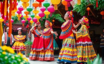Vibrant Bolivian festival scene showcasing traditional costumes, colorful decorations, and rich folklore