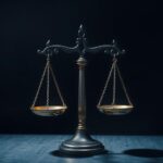Symbolic depiction of justice scales amidst dark tones, representing trials of humanity and accountability.
