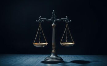 Symbolic depiction of justice scales amidst dark tones, representing trials of humanity and accountability.