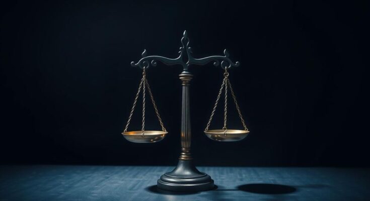 Symbolic depiction of justice scales amidst dark tones, representing trials of humanity and accountability.