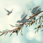 A symbolic representation of peace between nations, featuring olive branches and doves against a backdrop of abstract landscapes.