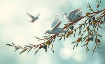 A symbolic representation of peace between nations, featuring olive branches and doves against a backdrop of abstract landscapes.