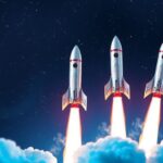 Three rockets launching towards the stars, symbolizing space exploration with vibrant colors in a dynamic, modern style.
