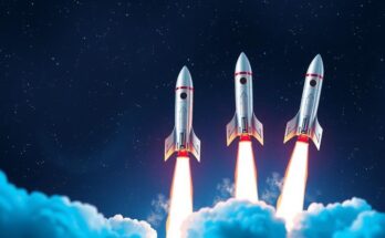 Three rockets launching towards the stars, symbolizing space exploration with vibrant colors in a dynamic, modern style.