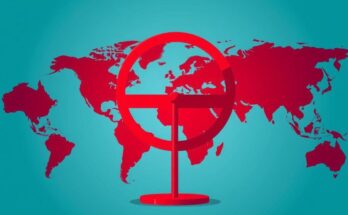 An abstract representation of global travel restrictions with various country silhouettes and a barrier symbol, in red and blue tones.