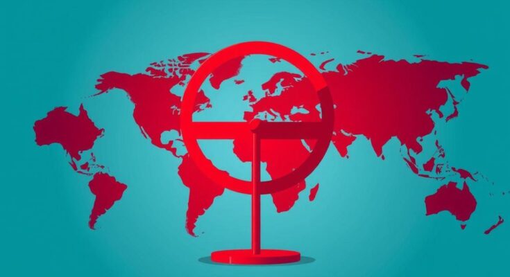 An abstract representation of global travel restrictions with various country silhouettes and a barrier symbol, in red and blue tones.
