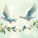 Symbolic image representing peace negotiations between nations, featuring olive branches and doves in a harmonious color scheme.