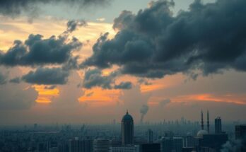 A dramatic skyline of Tehran with dark clouds and distant explosions, symbolic of conflict resolution and peace.