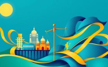Colorful representation of political changes in Bangladesh with abstract symbols of governance and reform.