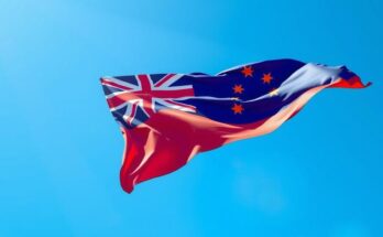 Fiji flag waving in the wind against a vibrant blue sky, symbolizing hope and determination.