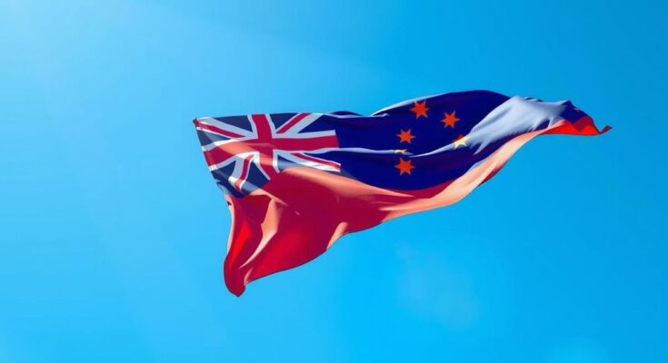 Fiji flag waving in the wind against a vibrant blue sky, symbolizing hope and determination.