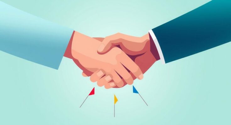 A symbolic handshake graphic representing peace between Rwanda and DRC, with a calm color palette and smooth design.
