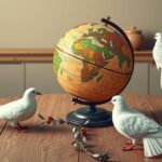 Diplomatic dialogue scene symbolizing peace, featuring a globe, olive branch, and peace doves, in soft earth tones.