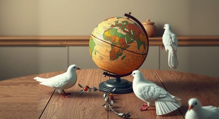 Diplomatic dialogue scene symbolizing peace, featuring a globe, olive branch, and peace doves, in soft earth tones.