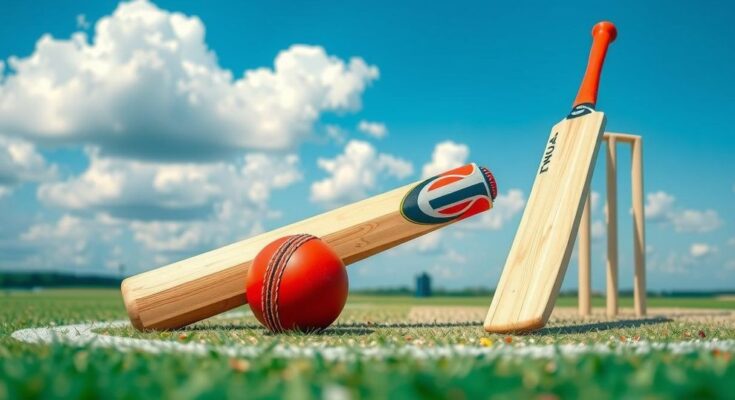 Cricket bats and a cricket ball lying on the pitch with a clear blue sky in the background.