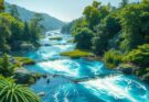 Illustration of sustainable river management with green landscapes and flowing water, emphasizing eco-friendly practices.