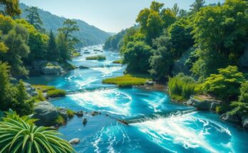 Illustration of sustainable river management with green landscapes and flowing water, emphasizing eco-friendly practices.