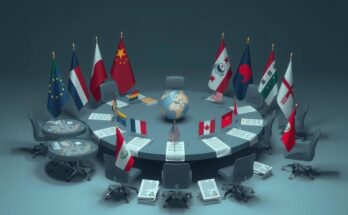 A symbolic representation of diplomatic negotiations with flags and a nuclear theme in muted colors.