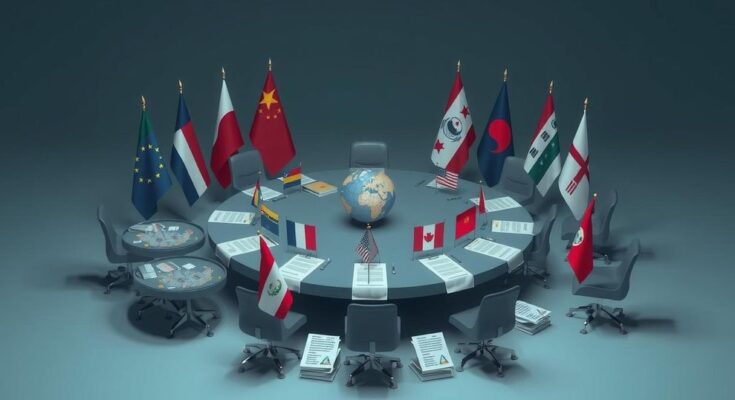 A symbolic representation of diplomatic negotiations with flags and a nuclear theme in muted colors.