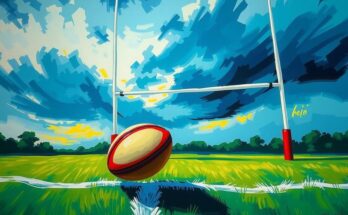A rugby field with a dynamic arrangement of a ball and goalposts under a cloudy sky, emphasizing the sport's intensity.