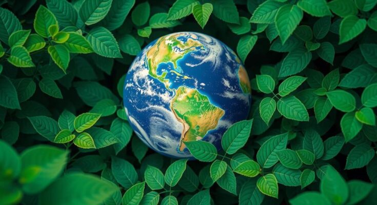 A vibrant landscape showing a globe surrounded by green leaves, symbolizing global climate action and cooperation.