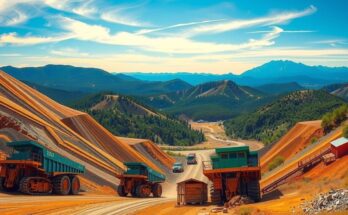 Copper mining landscape with machinery and mountains under a blue sky, illustrating Chile's resource challenges in mining.