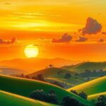 Tanzania landscape with green hills and sunset, showcasing tranquility and economic growth in a soft color palette.