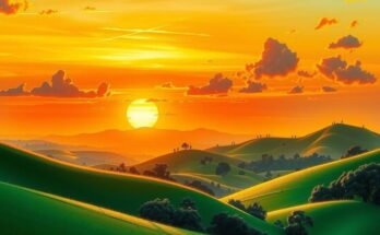 Tanzania landscape with green hills and sunset, showcasing tranquility and economic growth in a soft color palette.