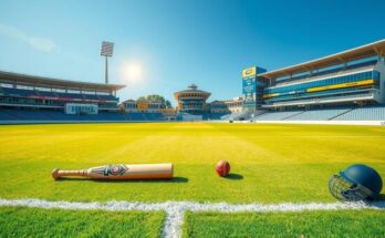 A lush green cricket field under a clear blue sky, featuring cricket gear and boundary ropes, capturing the spirit of victory.