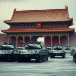 Chinese tanks parading in front of Tiananmen Gate, representing China's military presence and diplomacy.