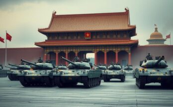 Chinese tanks parading in front of Tiananmen Gate, representing China's military presence and diplomacy.
