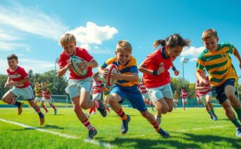 Dynamic energy of young rugby players joining a squad, symbolizing fresh talent and spirit in a vibrant setting.
