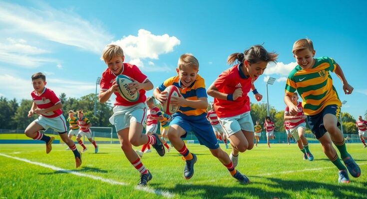 Dynamic energy of young rugby players joining a squad, symbolizing fresh talent and spirit in a vibrant setting.