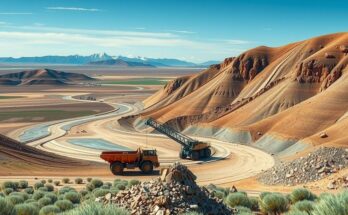 A serene landscape featuring a copper-gold mine in Mongolia under a bright blue sky, showcasing mining equipment and nature.
