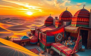 A scenic view of Morocco featuring colorful souks and desert dunes, highlighting travel and exploration.