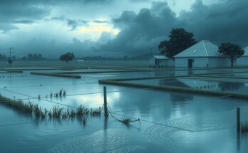 A serene landscape of flooded fields with submerged structures under a cloudy sky.