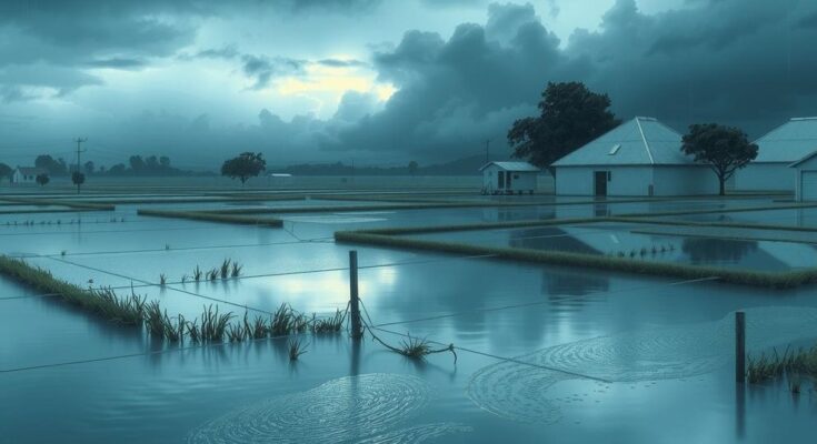A serene landscape of flooded fields with submerged structures under a cloudy sky.