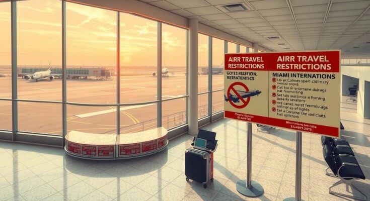 Miami International Airport with travel restrictions signage and empty waiting areas, reflecting travel bans impact.