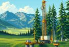 A serene Alaskan wilderness landscape with lush greenery and a clear blue sky, contrasted with symbolic drilling equipment.