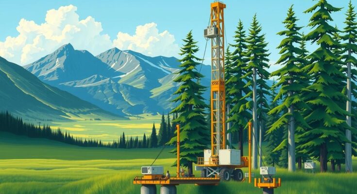 A serene Alaskan wilderness landscape with lush greenery and a clear blue sky, contrasted with symbolic drilling equipment.