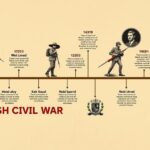 A timeline illustration of the Spanish Civil War with key events highlighted, using a vintage color palette.