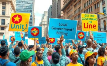Peaceful protest against local governance changes in Liberia, showcasing signs and diverse community engagement.