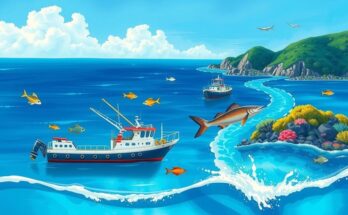 Vibrant ocean scenery depicting marine resources, sustainable tourism, and flourishing fisheries in a blue color scheme.