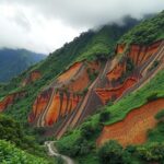 Mountainous terrain in Colombia with signs of recent landslides amidst lush greenery and overcast skies.