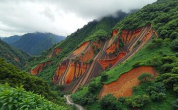 Mountainous terrain in Colombia with signs of recent landslides amidst lush greenery and overcast skies.