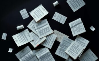 A symbolic representation of intelligence operations with abstract documents and strategic themes.