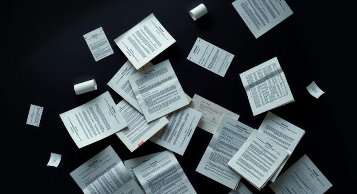 A symbolic representation of intelligence operations with abstract documents and strategic themes.